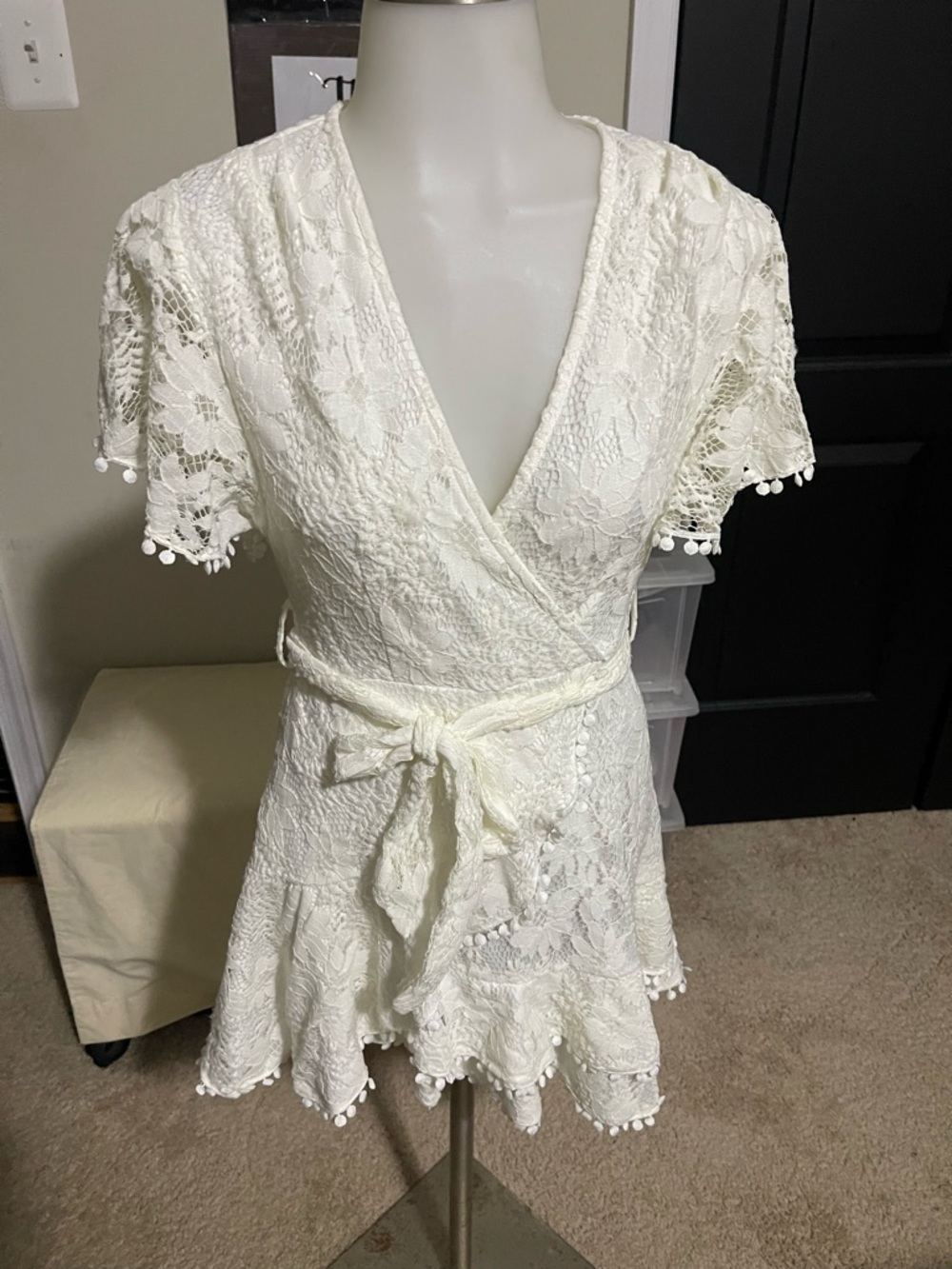 saints + secrets Lace Wrap Mini Dress in Ivory - Picture 3 of 6